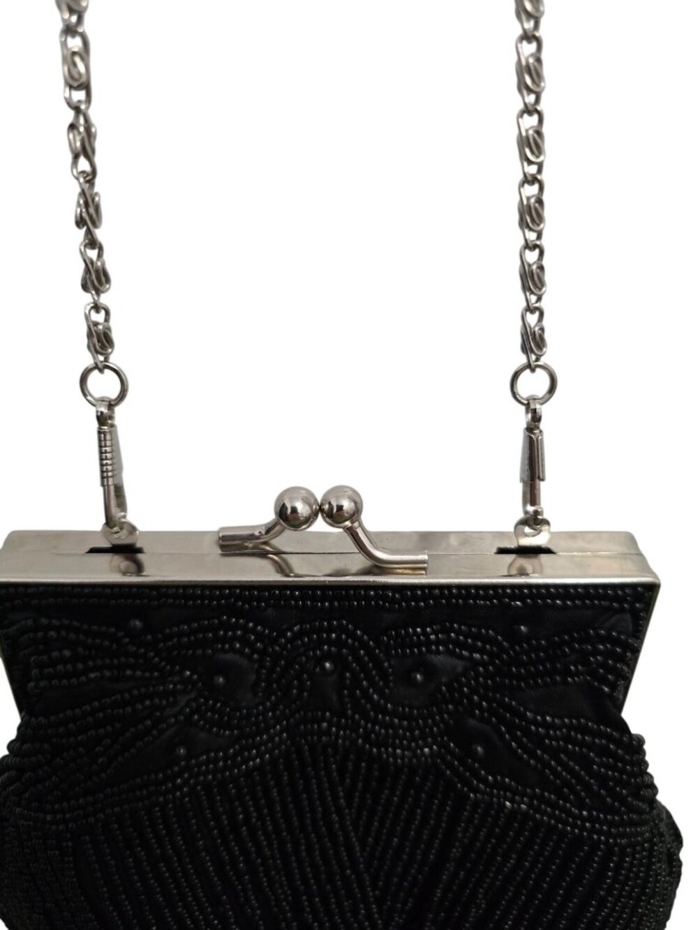 Vintage Bijoux Terner Kiss Lock Beaded Black Evening Clutch Purse Chain 5"W - Picture 3 of 13